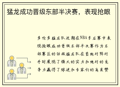 猛龙成功晋级东部半决赛，表现抢眼